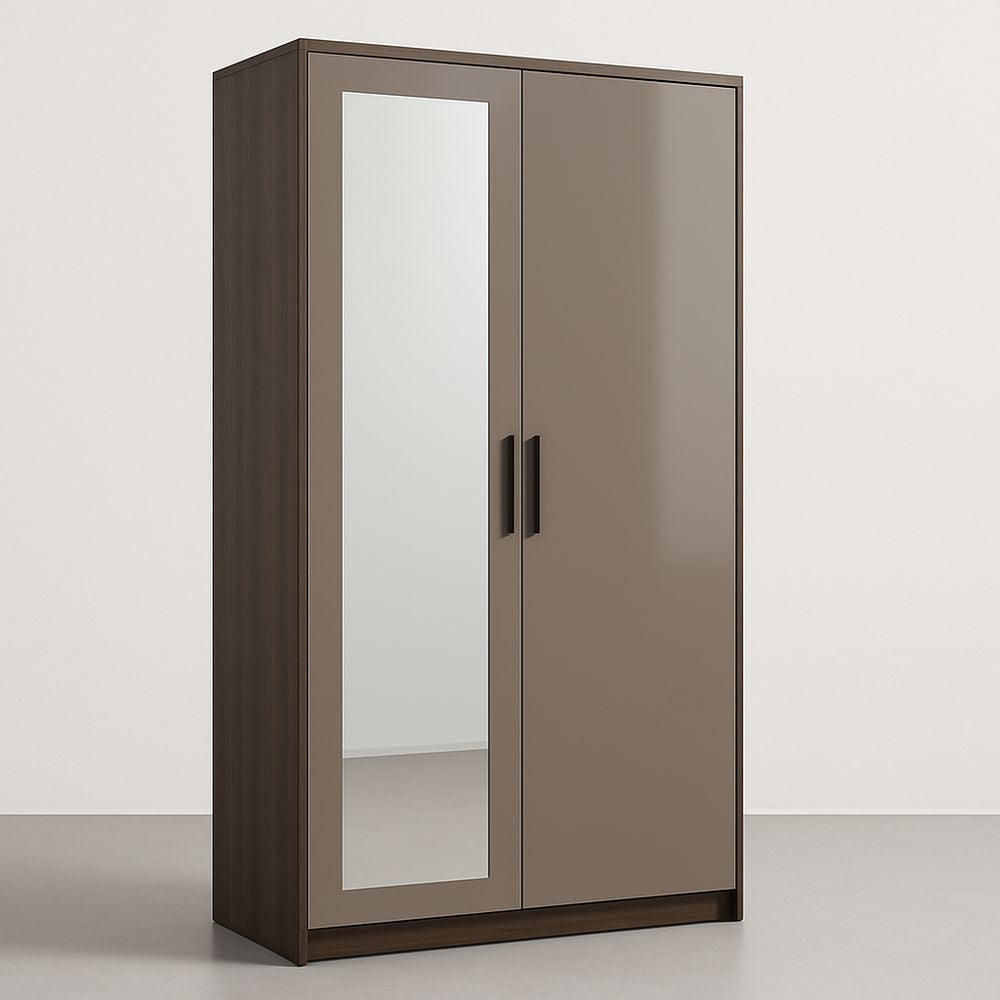 Two-door wooden wardrobe with brown mirror - brown