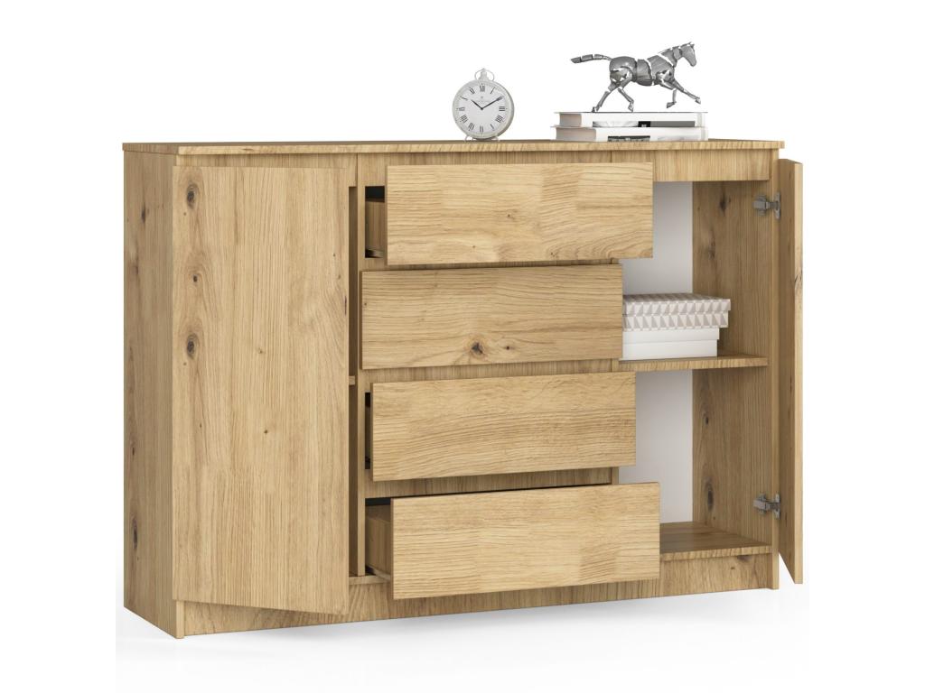 Logismaison K140 Oak Chest of Drawers, 138 cm, 2 Doors, 4 Drawers, Oak Front, 4 Shelves, 138x40x99 cm - Dark Natural