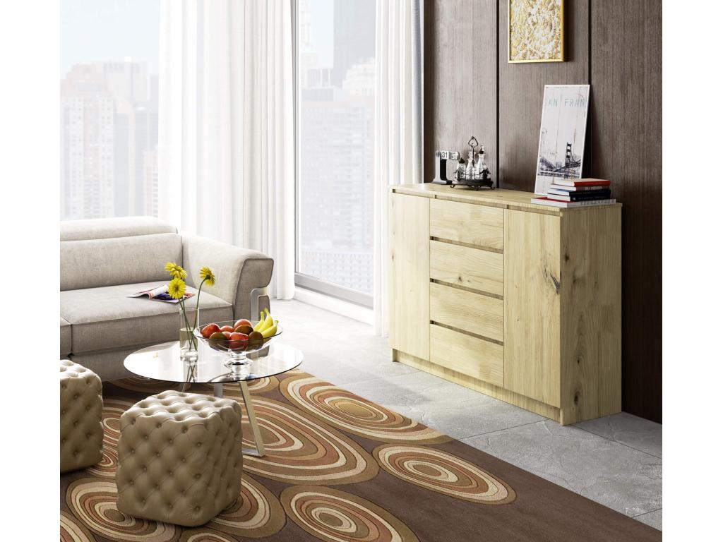 Logismaison K140 Oak Chest of Drawers, 138 cm, 2 Doors, 4 Drawers, Oak Front, 4 Shelves, 138x40x99 cm - Dark Natural