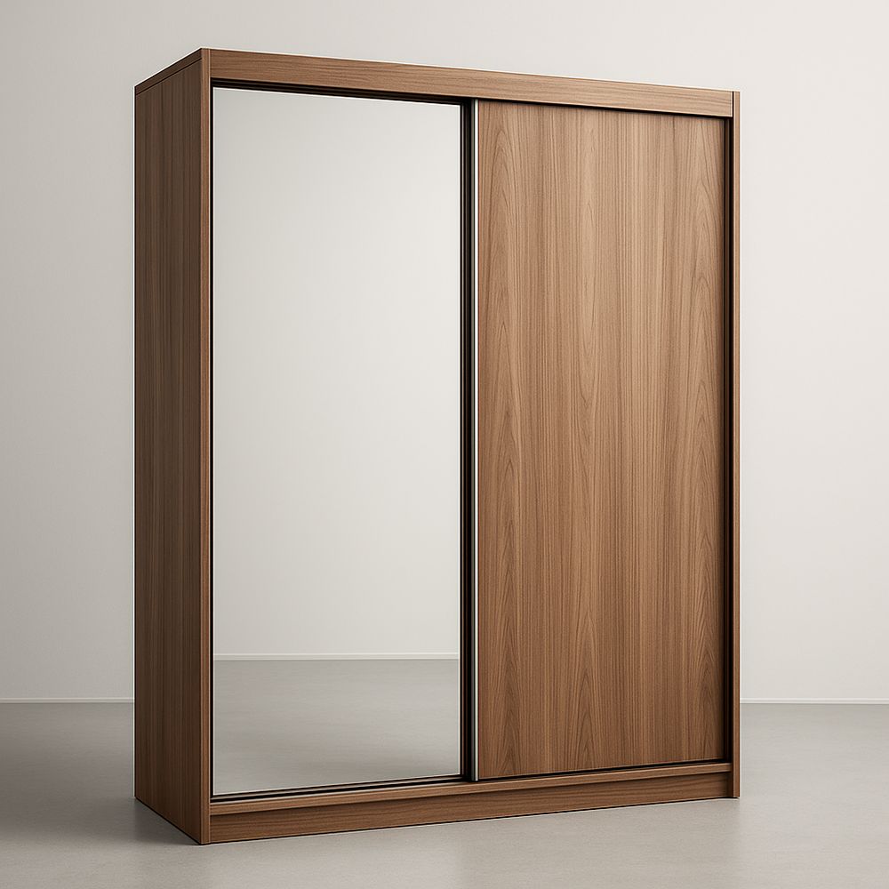 Wooden sliding door wardrobe with mirror, 210 cm - Walnut