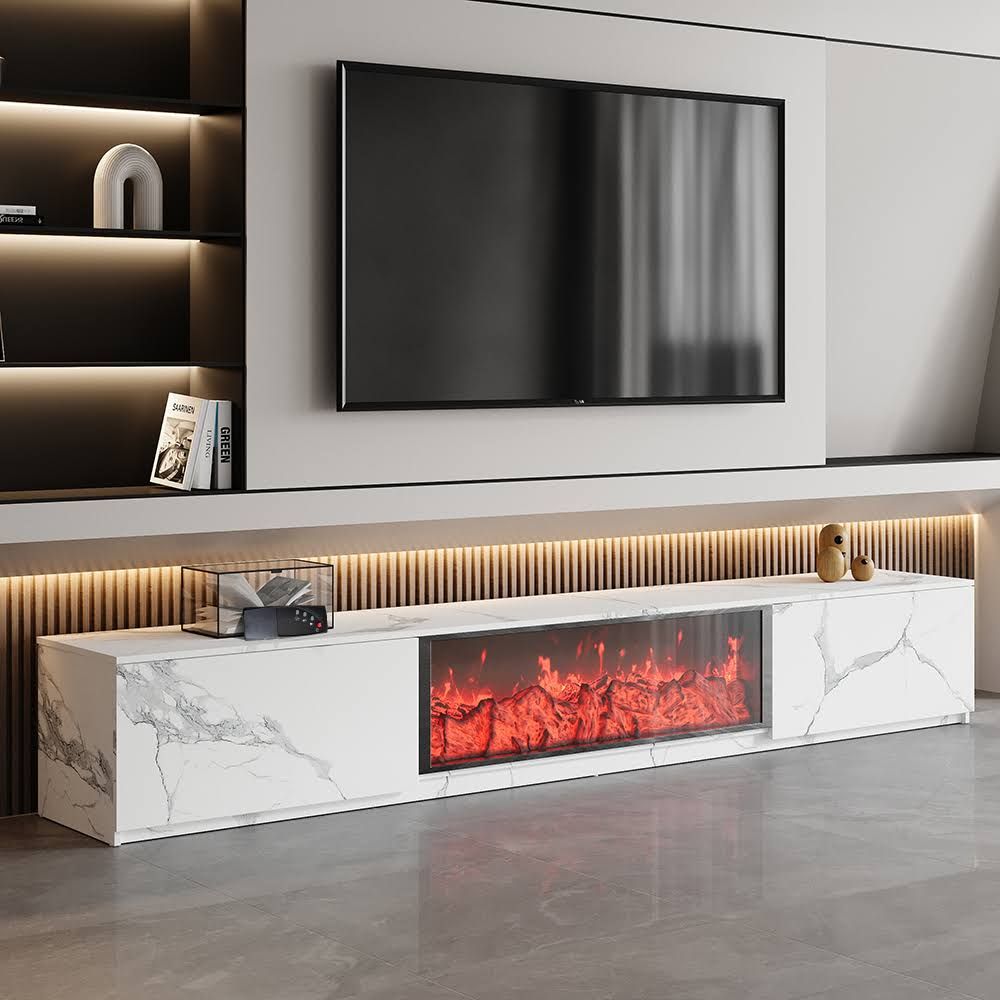 Wooden TV cabinet with storage for 1800mm electric fireplaces, with remote control for TVs up to 1780mm - White/Marble