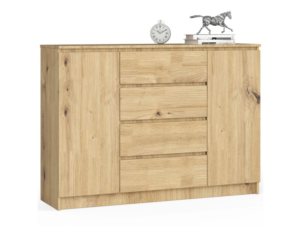 Logismaison K140 Oak Chest of Drawers, 138 cm, 2 Doors, 4 Drawers, Oak Front, 4 Shelves, 138x40x99 cm - Dark Natural