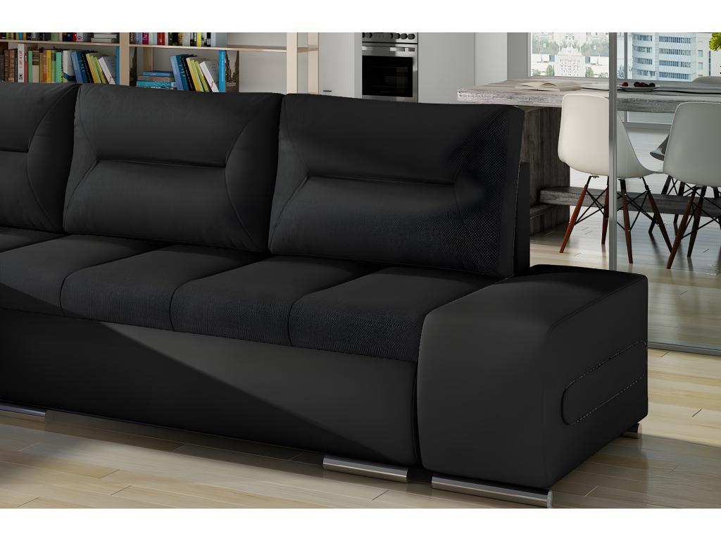 Corner sofa bed in luxury black fabric and black faux leather, 5-seater, left-hand corner (viewed from the front) - Intimelogis - Black