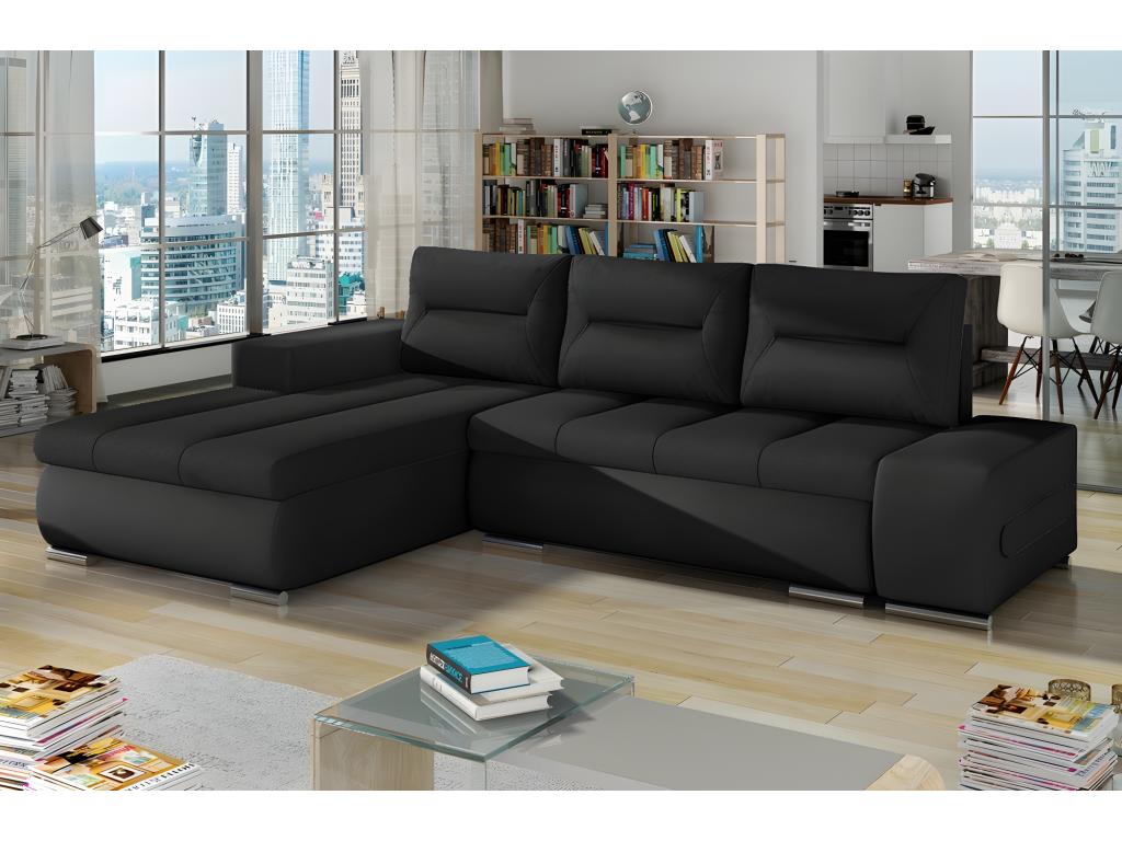 Corner sofa bed in luxury black fabric and black faux leather, 5-seater, left-hand corner (viewed from the front) - Intimelogis - Black